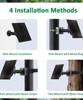 10W Trail Camera Solar Charger With 10400mAh Battery showing four installation methods: wall, pole, and tree mounts.