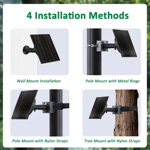 10W Trail Camera Solar Charger With 10400mAh Battery showing four installation methods: wall, pole, and tree mounts.
