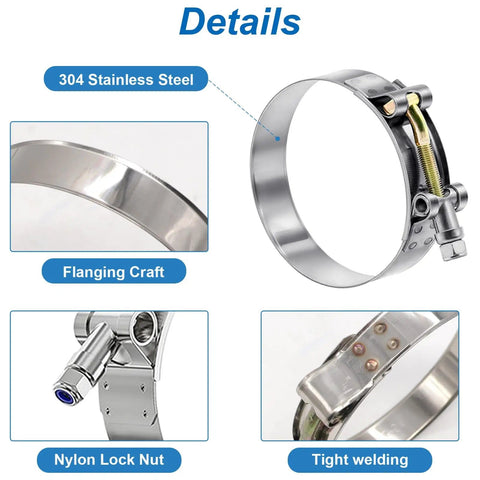 Heavy Duty T Bolt Hose Clamp Kit, 16 Pcs, Eight Sizes, Range 28 To 91 Millimeters, 304 Stainless Steel, with flange and nylon lock nut