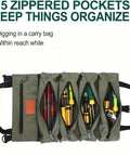 Five Pocket Tool Roll Organizer Pouch With Zipper Pockets And Adjustable Buckle Closure For Hardware And Workshop Accessories open view showing tools inside.