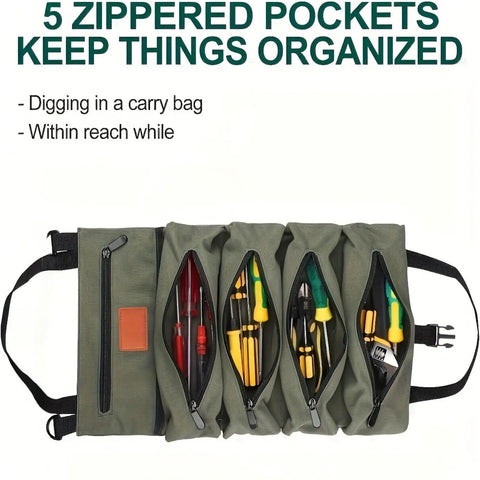 Five Pocket Tool Roll Organizer Pouch With Zipper Pockets And Adjustable Buckle Closure For Hardware And Workshop Accessories open view showing tools inside.