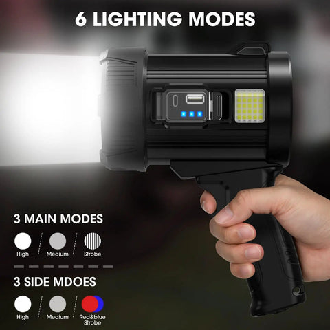 Rechargeable Spotlight 2,000,000 Lumens Handheld LED Flashlight with COB light shown emitting beam held in hand