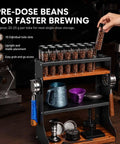 Level Up Your Daily Grind With This Wall Mounted Coffee Bean Storage Tube Set Featuring Twelve Single Dose Espresso Vials on a wooden shelf.