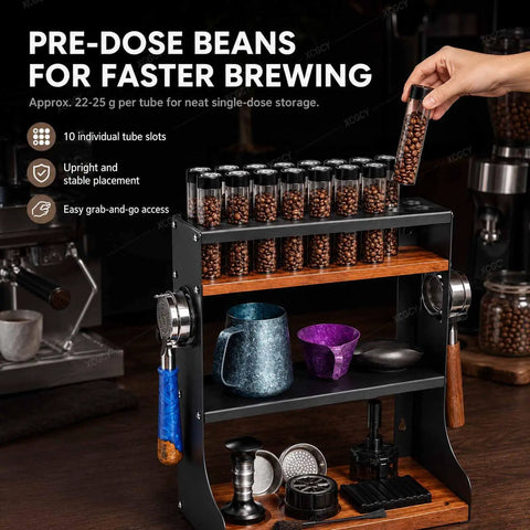 Level Up Your Daily Grind With This Wall Mounted Coffee Bean Storage Tube Set Featuring Twelve Single Dose Espresso Vials on a wooden shelf.
