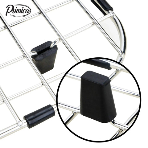 Close-up of Heavy Duty Stainless Steel Sink Grids 13 5/8 By 11 5/8 Inches, 2 Pack Center Drain Hole Rust Resistant Kitchen Sink Protectors with black feet.