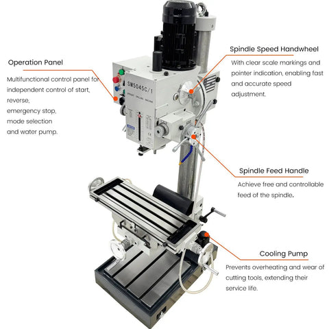 Gear Head Drill Press 220V 3 Phase 1.5KW Powerhouse with operation panel and cooling pump, 45mm capacity, R8 spindle shown