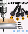 840 Piece Self Tapping Screws For Metal Set In Sizes 14 12 10 And 8 displayed with wood, metal, plastic, and floor slab materials.