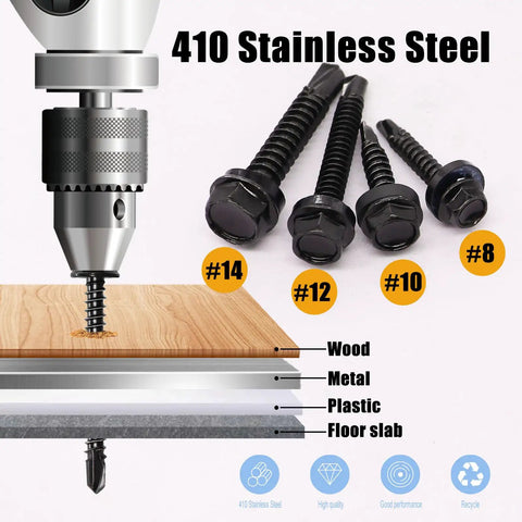 840 Piece Self Tapping Screws For Metal Set In Sizes 14 12 10 And 8 displayed with wood, metal, plastic, and floor slab materials.