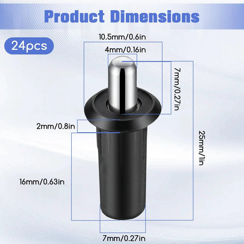 Bully Proof Spring Pin Set For Cabinet Door Dampers And Drawer Hinges 24 Pack showing product dimensions and specifications.