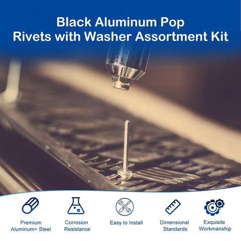 Close-up of black aluminum pop rivets and washers in DIY Ready 220 Piece 3/16 Inch by 3/4 Inch Black Pop Rivets With Washer Kit.