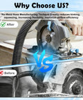 Comparison of Workhorse 20 Foot Wet Dry Shop Vac Hose With 6 Adapters in use, showing flexible hose with saw for cleaner dust collection.