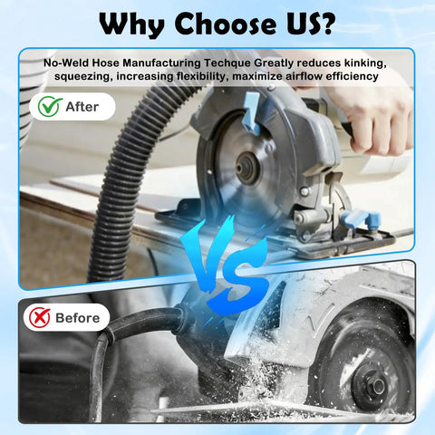 Comparison of Workhorse 20 Foot Wet Dry Shop Vac Hose With 6 Adapters in use, showing flexible hose with saw for cleaner dust collection.