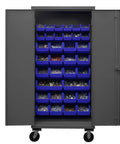 Top Shelf Industrial Rolling Steel Storage Cabinet Built Straight Up With Thirty Blue Sorting Bins showing organized supplies with secure locking doors.