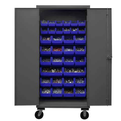 Top Shelf Industrial Rolling Steel Storage Cabinet Built Straight Up With Thirty Blue Sorting Bins showing organized supplies with secure locking doors.