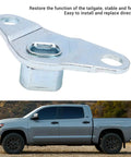 Rear Right Tailgate Hinge Replacement For Trucks 2007 To 2020, metal hinge with bolt holes, silver color, on a truck background