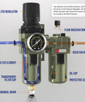 Air Regulator With Gauge And Water Separator For One Half Inch NPT Air Line, showing flow observation and solid valve body