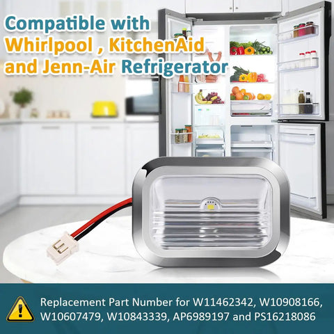 Refrigerator LED Light Module Kit 2 Pack With Chrome Frame in front of open fridge, part numbers W11462342 W10908166 W10607479 W10843339.
