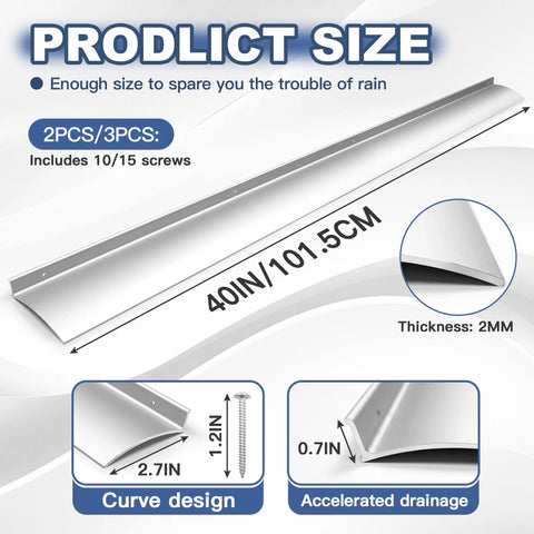 40 Inch silver anodized aluminum rain drip guard dimensions and curve design for quick mount.