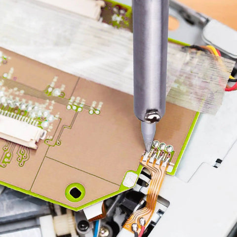 Close-up of soldering on a Single Sided FR-4 Copper Clad PCB Laminate for DIY etching and prototyping, 100x100mm, 1.5mm thick