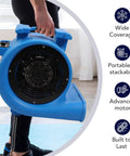 Person holding a Powerful 1HP 4000+ CFM 3-Speed Air Mover Floor Blower with heavy-duty rotomolded housing for drying carpets and floors.