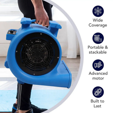 Person holding a Powerful 1HP 4000+ CFM 3-Speed Air Mover Floor Blower with heavy-duty rotomolded housing for drying carpets and floors.