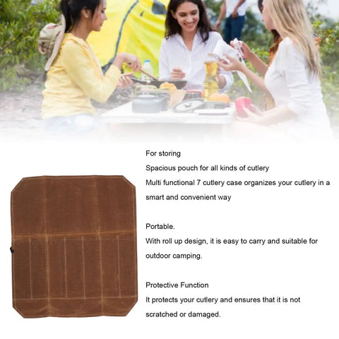 Seven Slot Waxed Canvas Chef Knife Roll Bag for outdoor camping featuring organized compartments to store culinary tools.