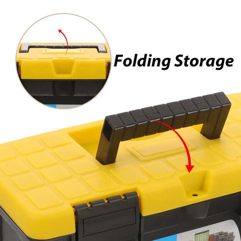 Heavy Duty Plastic Handheld Toolbox With Splashproof Compact Build, Rugged Electrician Storage Case handle detail for easy transport.