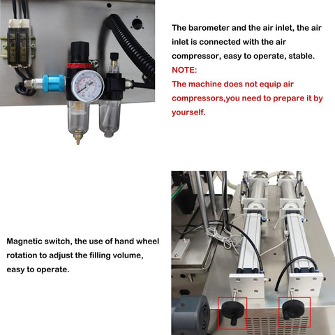 Heavy Duty Automatic Double Head Paste And Liquid Filling Machine With 100 To 1000 Ml Range And Drip Free 12 Mm Nozzle air inlet and pressure gauge details