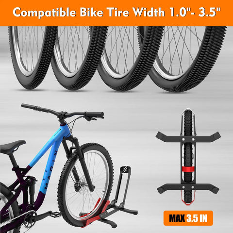Red Bike Floor Stand For Garage Storage Portable Front And Rear Wheel Parking Rack Fits 24 To 29 Inch Bikes Tire Width Up To 3.5 Inches Road And Mountain Bicycle Stand With Secure Three Point Locking System