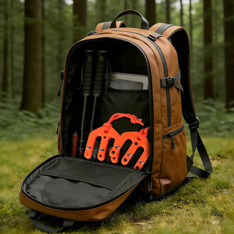 Heavy Duty Nylon Block And Tackle Pulley Set For Backcountry Game Hoisting Hella Portable Two Piece Badass Gear rigging system inside a brown backpack.