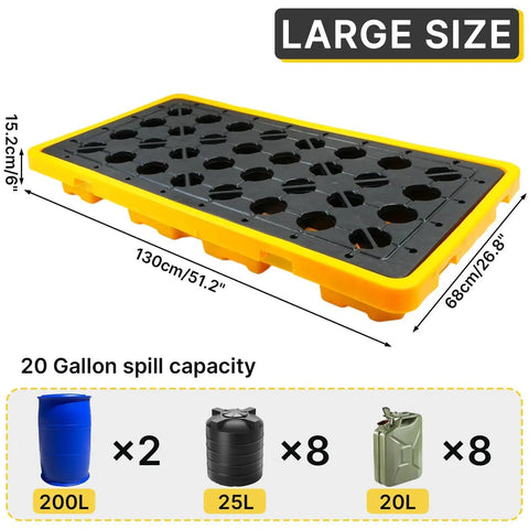 2 Drum Spill Containment Platform With 20 Gallon Sump And Drain Outlet Heavy Duty Workbench For Garage Basement And Industrial Storage 51.2 By 26.8 By 6 Inches 4400 Lb Load Capacity Forklift Pockets Leak Proof