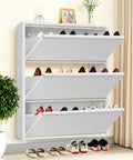 White Wall Mounted Hidden Shoe Organizer Cabinet with 3 Flip Drawers in living room showcasing space-saving design for hallways.