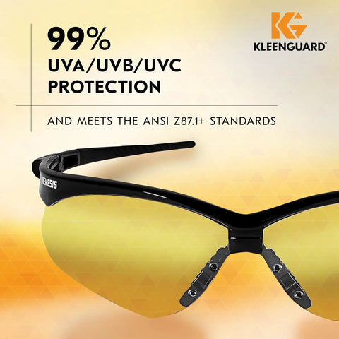 V30 Nemesis Safety Glasses With Amber Yellow Lenses And Black Frame, Unisex Fit For Men And Women, close-up on UV protection.