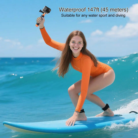 Woman surfing with Waterproof Dive Case For GoPro Hero 7 Black, Hero 6, Hero 5 And 2018 Action Cameras on sunny day