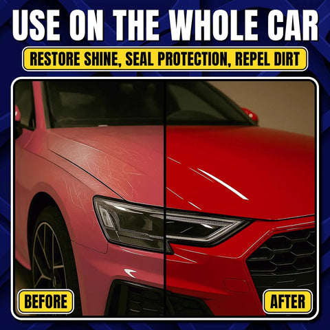 Before and after using Car Scratch Remover Kit Pro Grade All In One Deep Scratch Repair Compound And Polishing Solution for paint restoration.