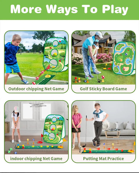4 In 1 Kids Golf Set With Retractable Club, Putting Practice Mat, Three Sided Chipping Net, Sticky Boards, Cornhole Style Board