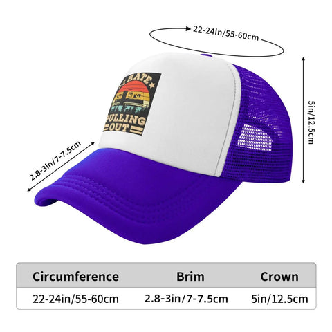 I Hate Pulling Out Funny Camper RV Camping Trailer Mesh Trucker Hat in purple with size measurements shown