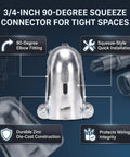 Heavy Duty 10 Pack 3/4 Inch 90 Degree Squeeze Connector Zinc Alloy Conduit Fitting MC Cable Adapter for Junction Boxes shown from the front.
