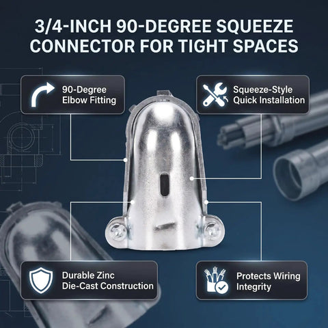 Heavy Duty 10 Pack 3/4 Inch 90 Degree Squeeze Connector Zinc Alloy Conduit Fitting MC Cable Adapter for Junction Boxes shown from the front.