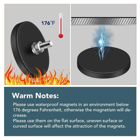 12 Pack Rubber Coated Neodymium Threaded Mounting Magnets with clear temperature warning at 176°F with mounting hardware.