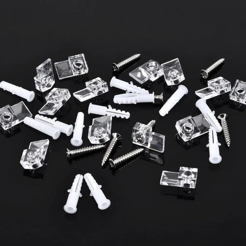 Pretty Slick Mirror Holder Clips With Screws For Effortless Frame And Cabinet Door Mounting Includes Thirty Clear Plastic Hanging Hardware Sets.