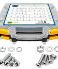 1800 Piece Hardware Set With Stainless Steel Nuts Bolts Washers And Screws In A Double Sided Yellow Organizer Box Includes Phillips Pan Head And Flat Head Screws And SAE Size Variants For DIY Projects.