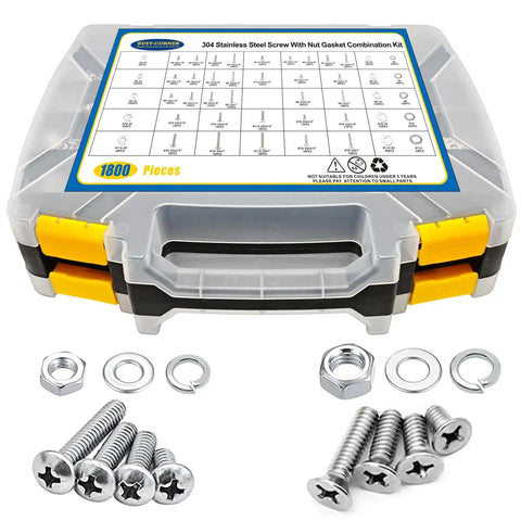 1800 Piece Hardware Set With Stainless Steel Nuts Bolts Washers And Screws In A Double Sided Yellow Organizer Box Includes Phillips Pan Head And Flat Head Screws And SAE Size Variants For DIY Projects.
