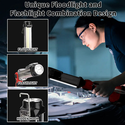 Person using 2000LM LED Work Light for Milwaukee M18 18V Batteries during car repair, showing floodlight and flashlight combo