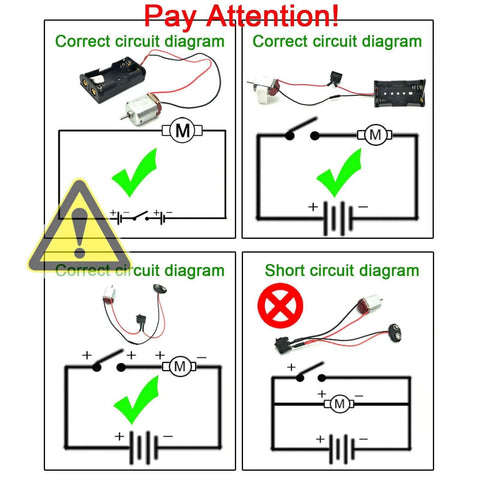 Diagram showing correct and incorrect wiring for Six Pack DC Motors Kit For DIY Projects With Mini Electric Hobby Motors 3V To 12V Up To 25000 RPM