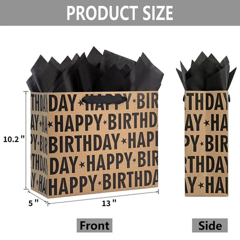 13 Inch Kraft Birthday Gift Bag With Tissue Paper And Greeting Card Black Happy Birthday Lettering Design Perfect For Men Women And Kids Eco Friendly Gift Bag For Any Occasion front and side view with dimensions