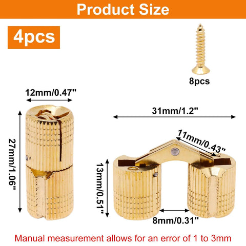 Brass Barrel Hidden Cabinet Hinges 12mm Diameter 180 Degree Opening Concealed Hardware Four Pack Durable Solid Brass