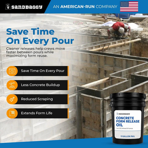 Pro Grade Concrete Release Agent And Non Staining Form Oil for slick form stripping in a construction site with poured concrete forms.