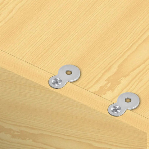 Rock Solid 30 Pack Figure Eight Desk Fasteners With Screws Heavy Duty Solid Steel 12 Gauge attached to wooden table edge
