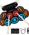 Dope Roll Up Electronic Drum Pad Kit with 9 Pads, built-in speakers, headphones jack, drumsticks, and pedals
